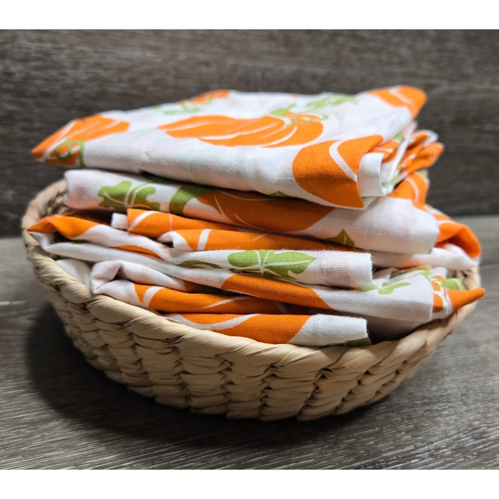 Pumpkin Print Cloth Napkins Orange Green Fall Thanksgiving Harvest Set of 6